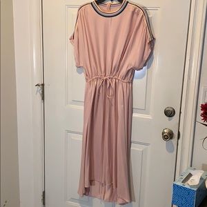 Pink satin baseball style midi dress.